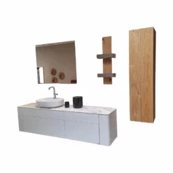 Bad Gentis 985023 Lack Reinweiß Akzent Eiche Naturstamm Abdeckplatte Keramik Calcatta Waschtisch Keramik Inklusive Beleuchtung