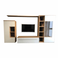 Wohnwand Now Time 990009 Lack Weiß Akzente Natureiche Furniert Griffe Edelstahl