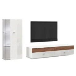 Now! No.14 By Hülsta Kombination 9 155x328x52 Kernnussbaum/Lack-weiß/Lack-Hochglanz-weiß